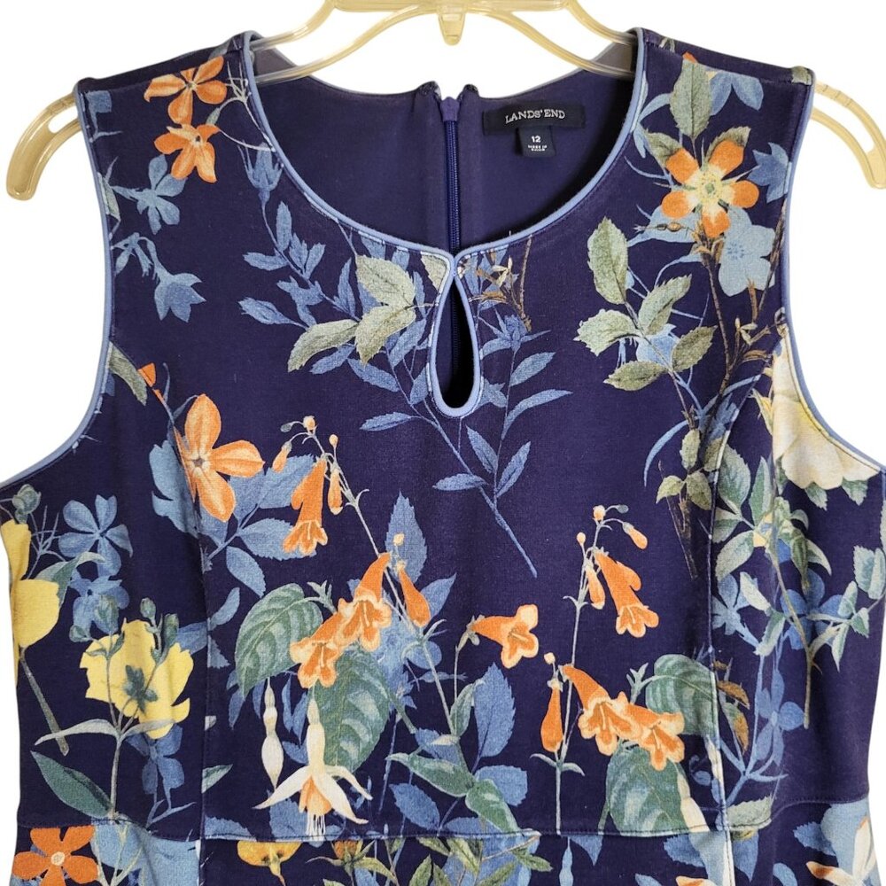 Lands' End Ponte Knit Sheath Dress Size 12 Dark Blue Floral Sleeveless Pockets - Picture 2 of 4